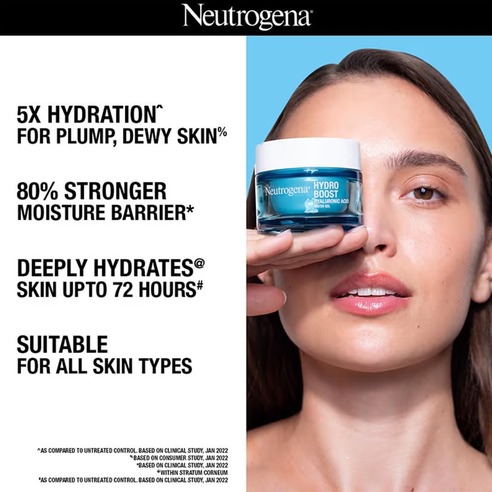 Neutrogena Hydro Boost Hyaluronic Acid Face Moisturizer 50ml | 24 hours long lasting Hydration | Oil free non sticky light water gel fast absorbing| Daily use | All Skin Types | For Men & Women 50g