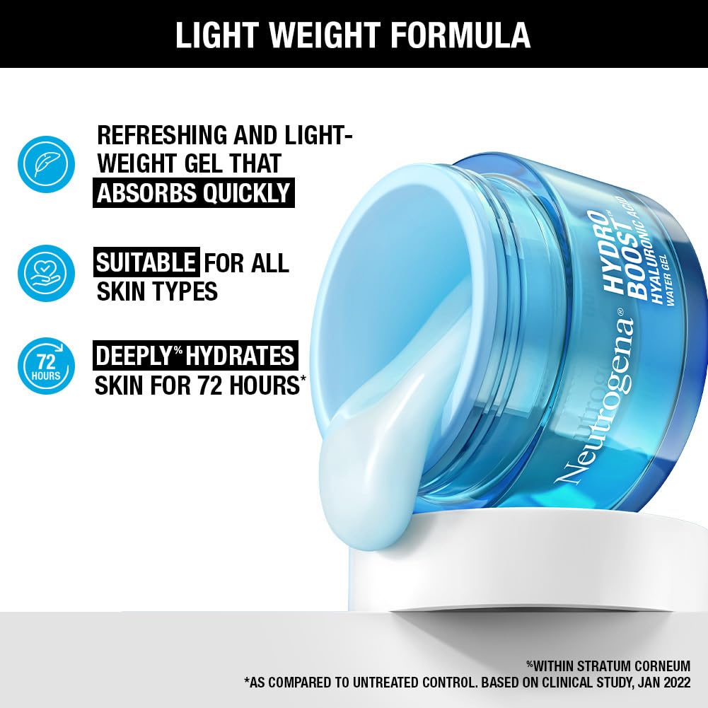 Neutrogena Hydro Boost Hyaluronic Acid Face Moisturizer 50ml | 24 hours long lasting Hydration | Oil free non sticky light water gel fast absorbing| Daily use | All Skin Types | For Men & Women 50g