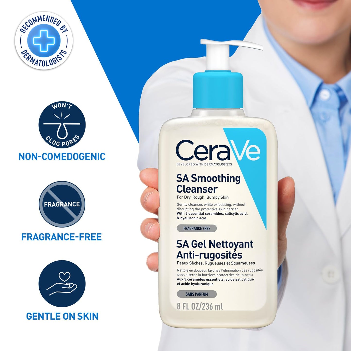 CeraVe SA Smoothing Cleanser For Dry, Rough & Bumpy Skin, contains Salicylic Acid, Dermatologist Recommended Face wash (236ml)