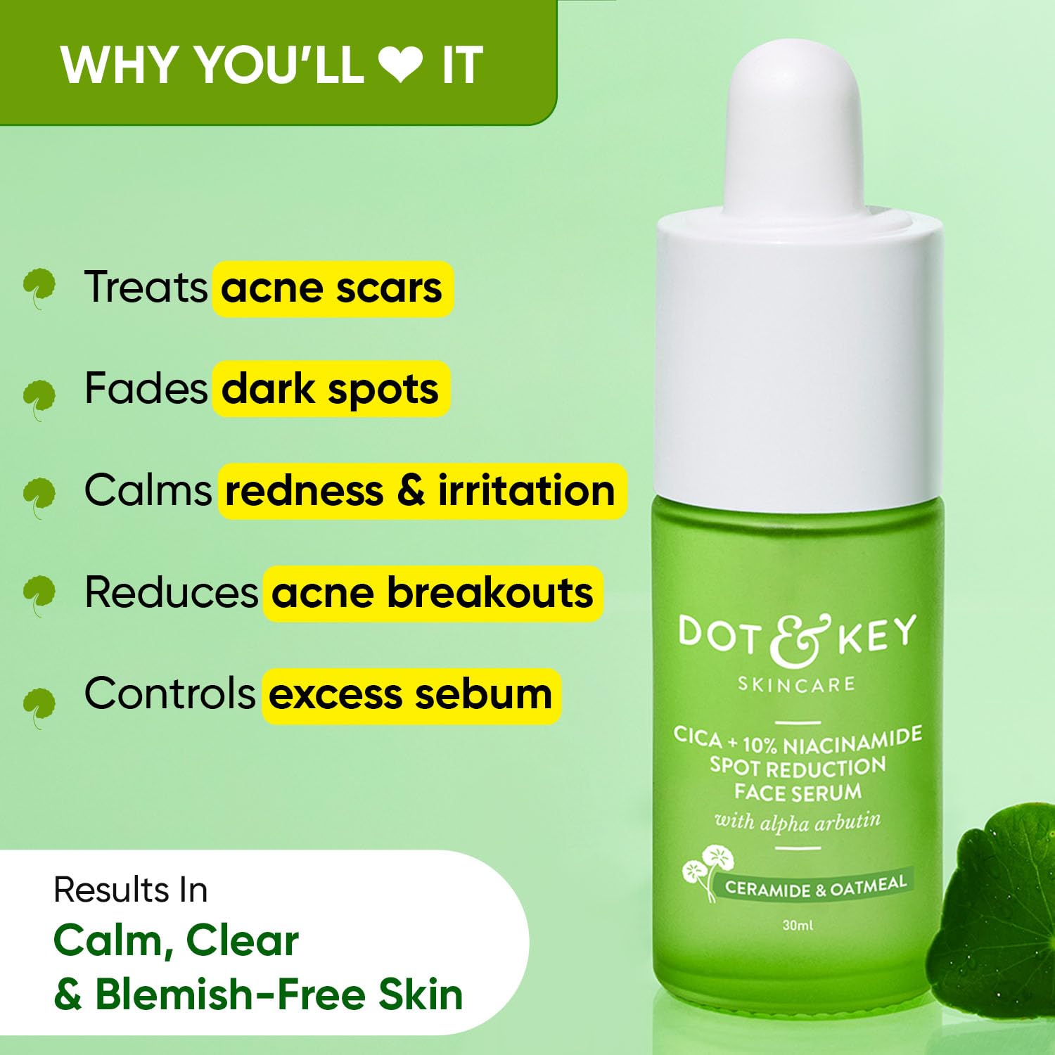 Dot & Key 10% Niacinamide + Cica Serum | Reduces Acne & Dark Spots | Niacinamide Serum | Controls Excess Oil, Quick Absorbing, & Lightweight | For Oily, Acne Prone & Sensitive Skin | 20ml