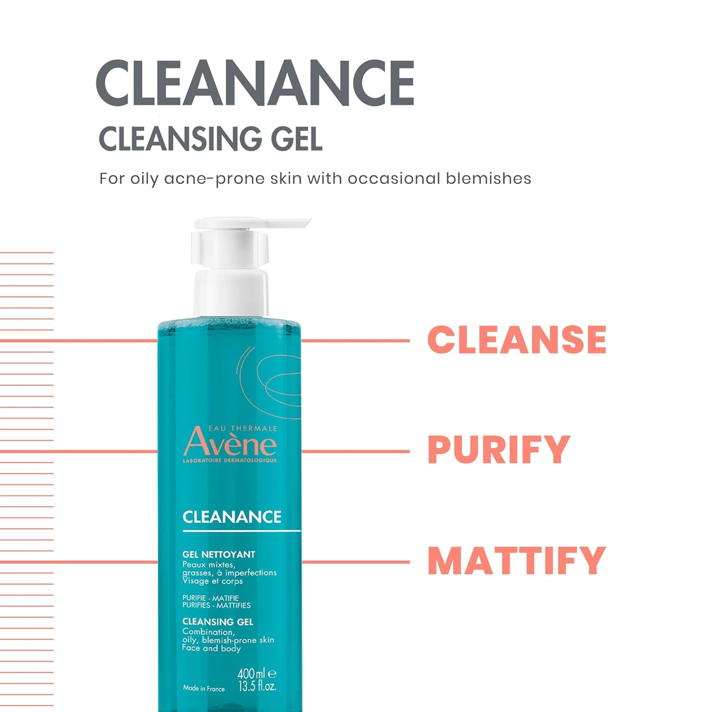 Avene Cleanance Cleansing Gel 400ml I Face wash for Oily, Acne, Sensitive, Blemish Prone Skin I Foaming Gel Gentle Skin Cleanser I Purifies and Mattifies Skin I Reduces blackheads and Sebum Production